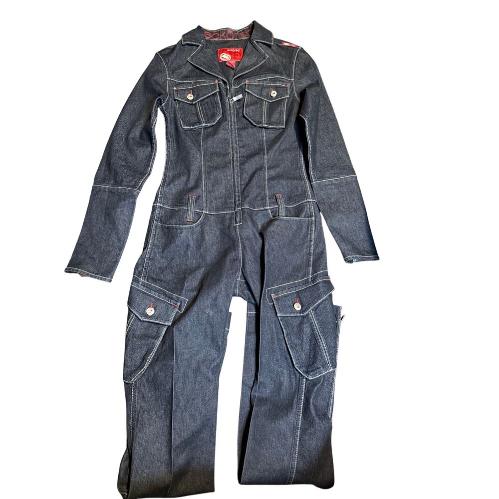 Ecko Red Y2K Dark Denim Utility Cargo Jumpsuit, Vintage Streetwear, Women Small